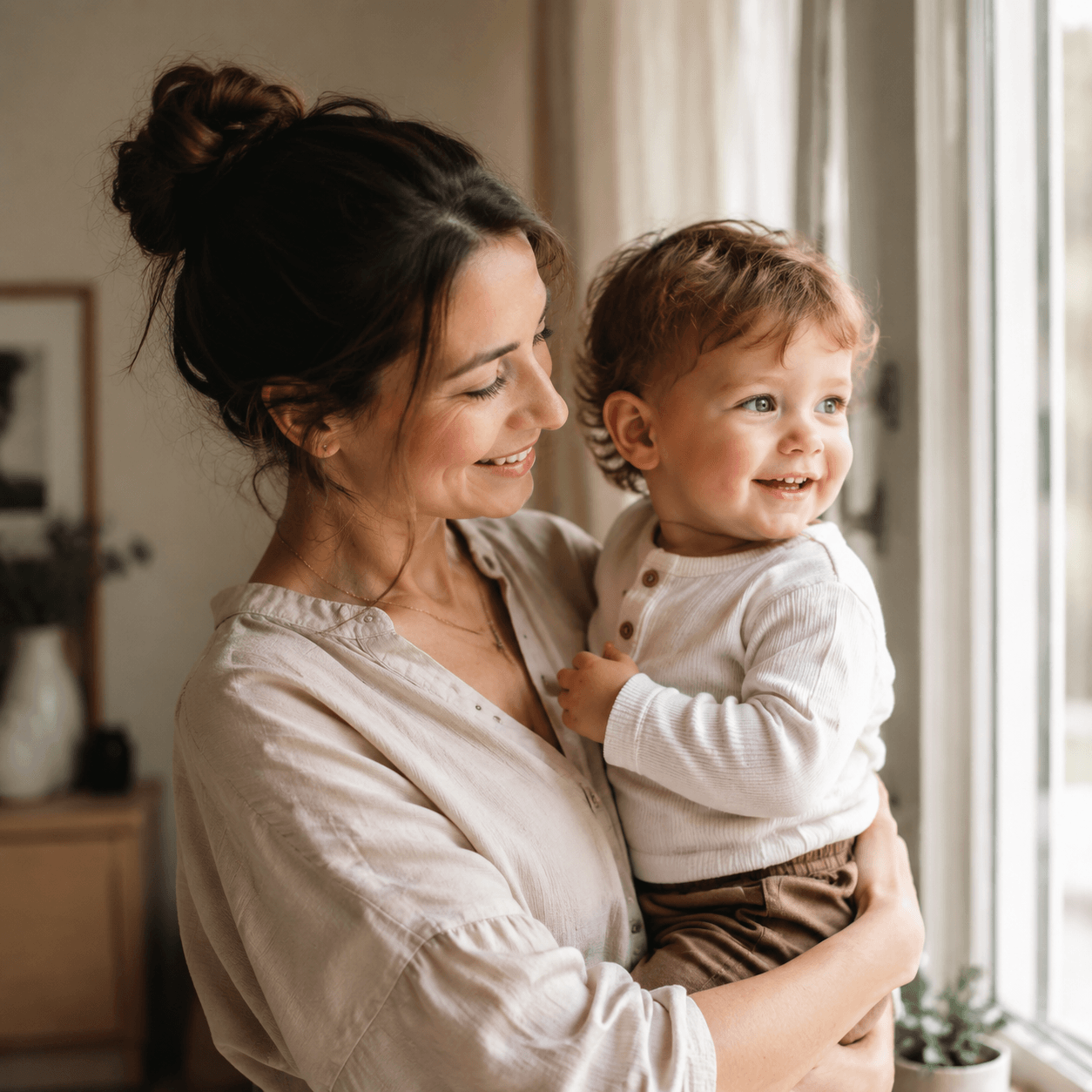 Indoor portrait of mother and toddler near a window, before adding grandmother
