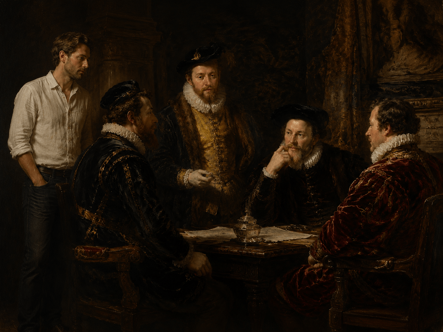 Same Renaissance painting with a modern person seamlessly added among the classical figures