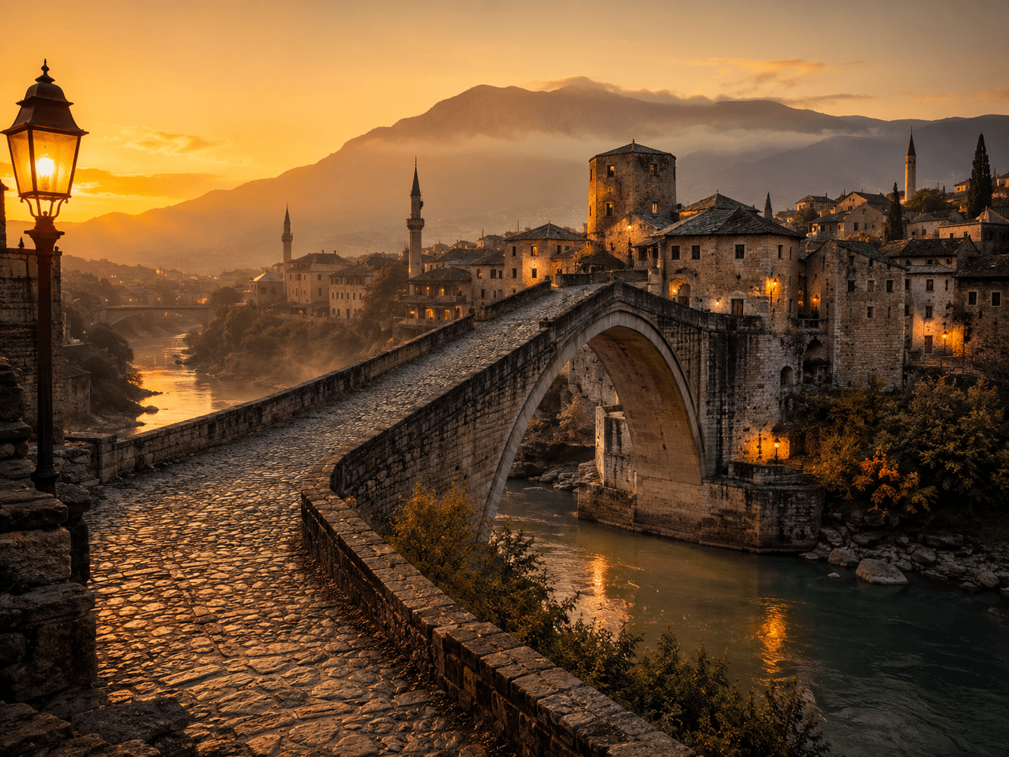 Scenic European bridge at golden hour with no person present