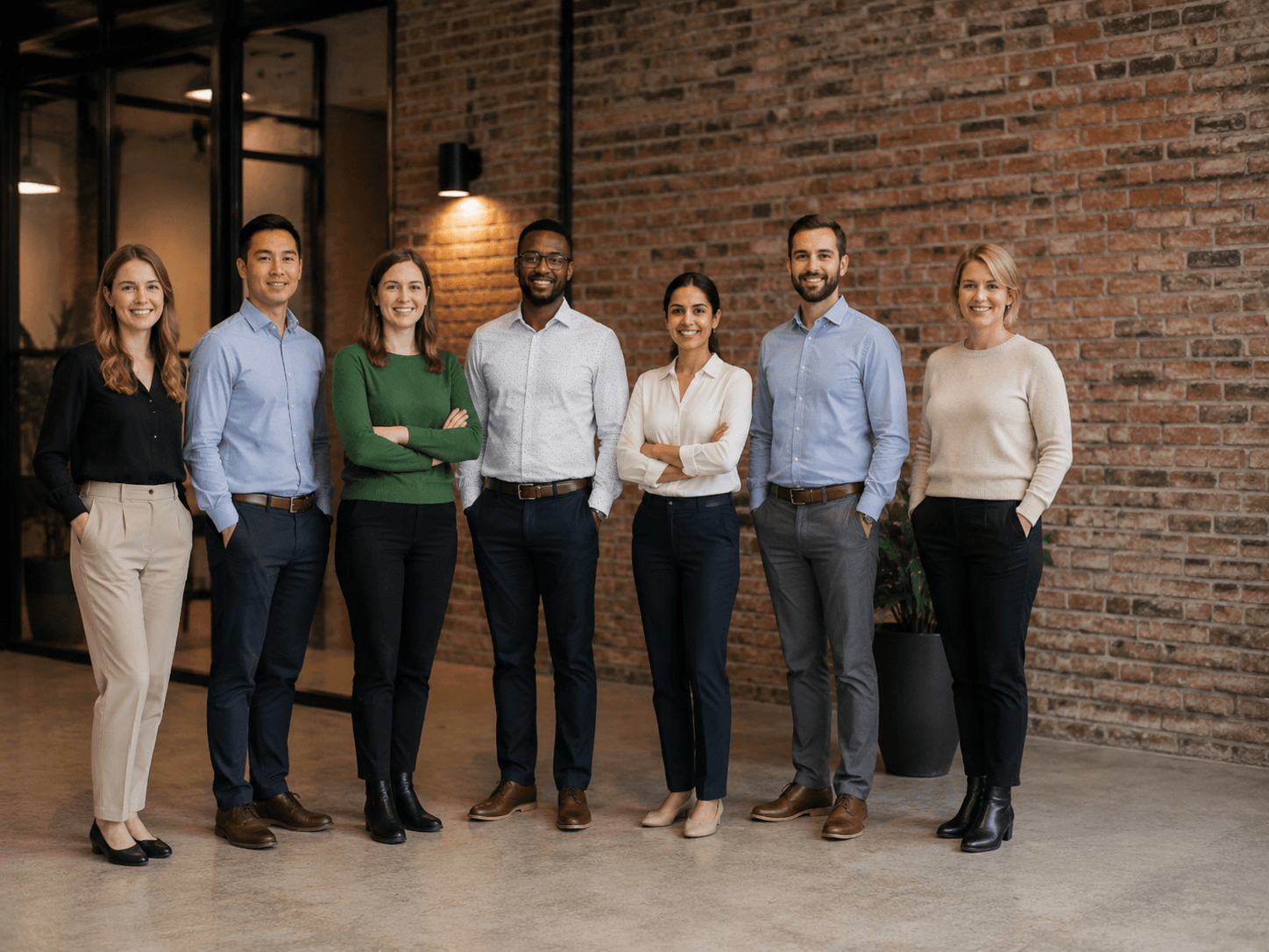 Team photo with one colleague missing at the end of the row