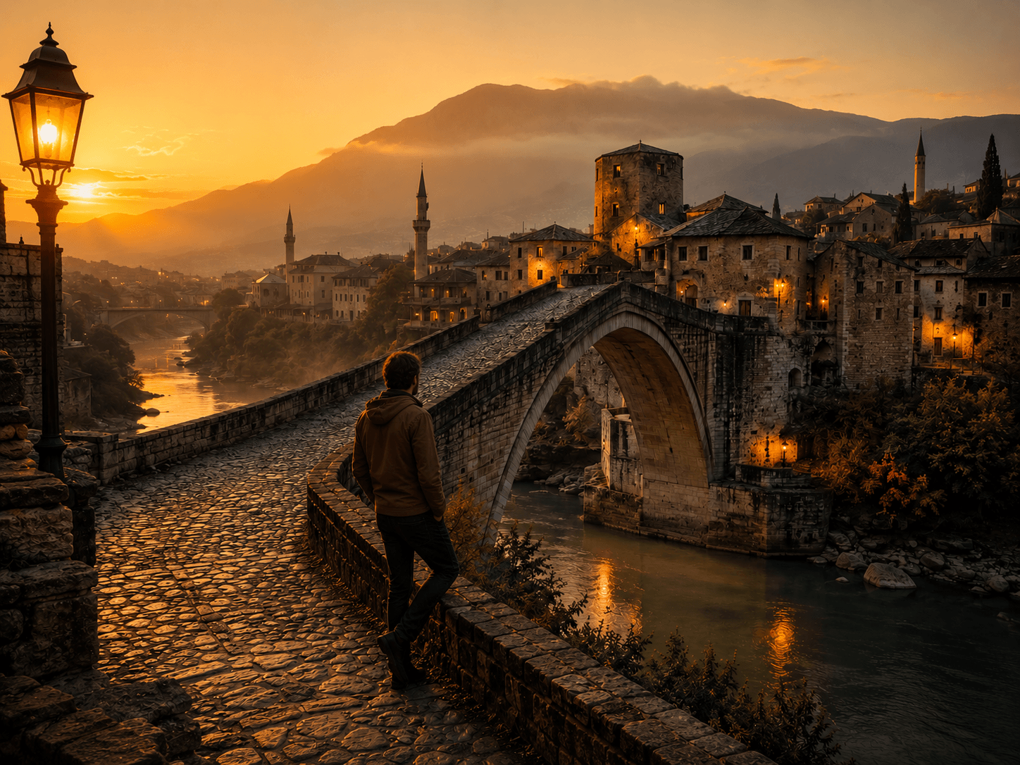 Same European bridge with a person naturally added leaning on the railing