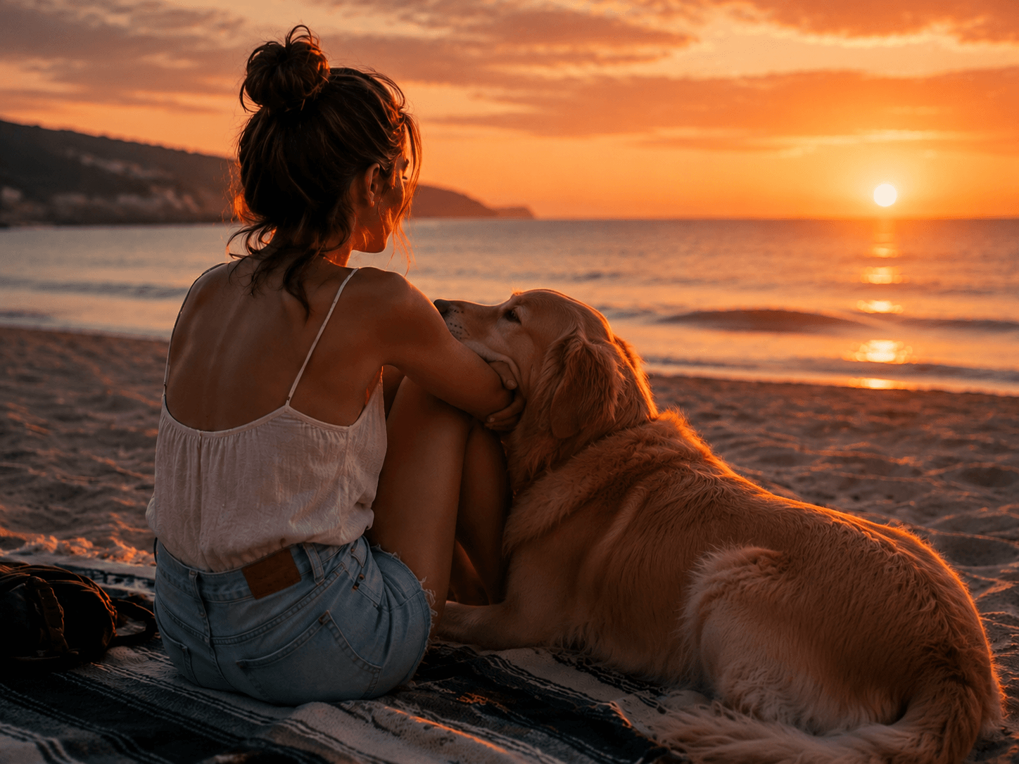 Same beach scene with a golden retriever naturally added beside the woman