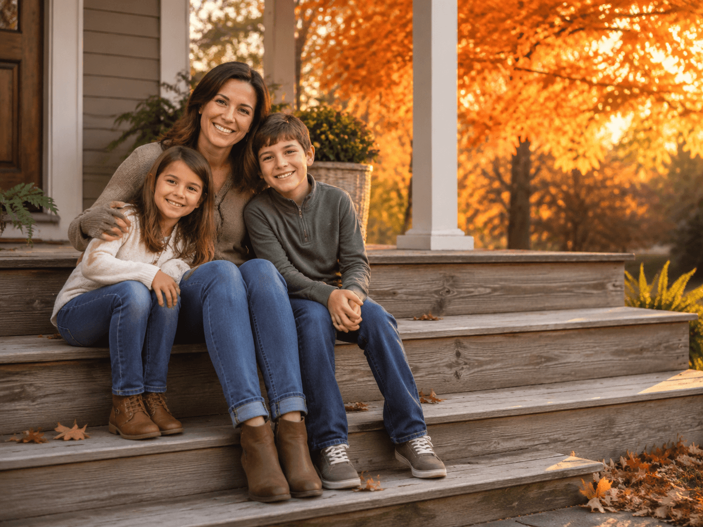 Family portrait on a porch at golden hour, father not yet in the photo