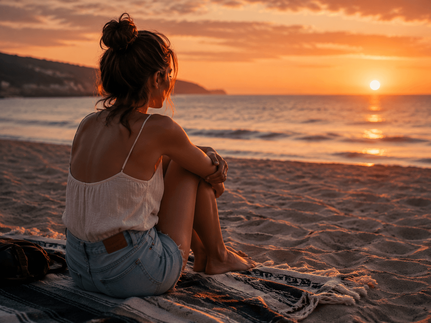 Woman sitting alone on a beach blanket at sunset without her dog