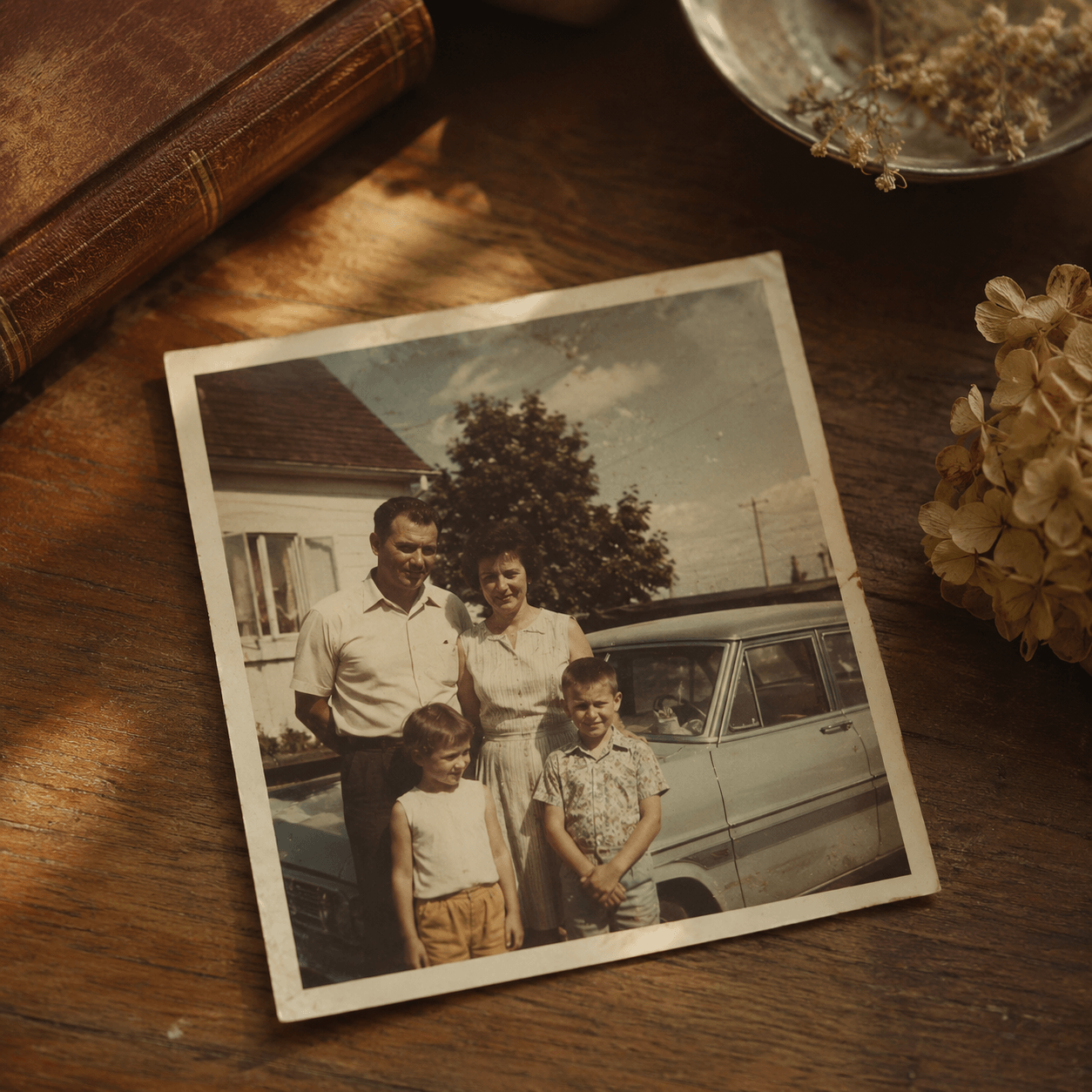 Old family photo extended by a photo extender to fit a new frame