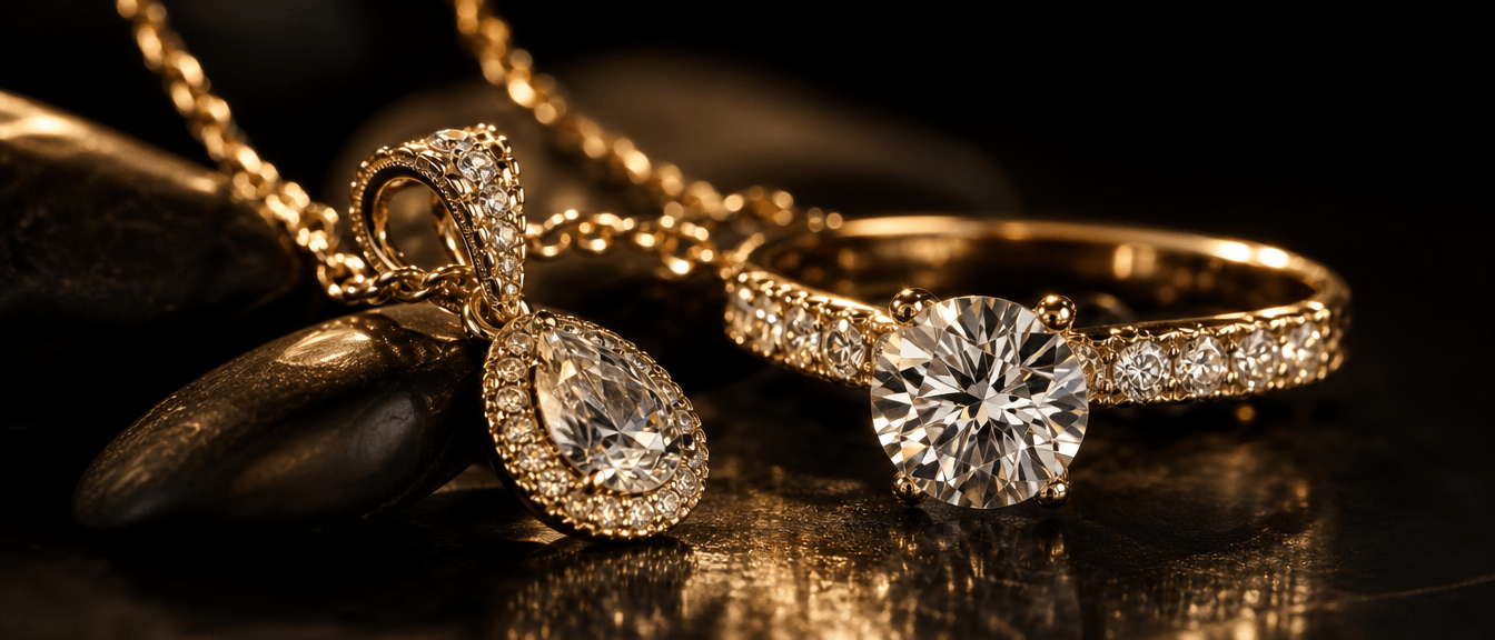 Polierter Diamantring und Goldkette nach der Schmuck Retusche auf weißem Hintergrund