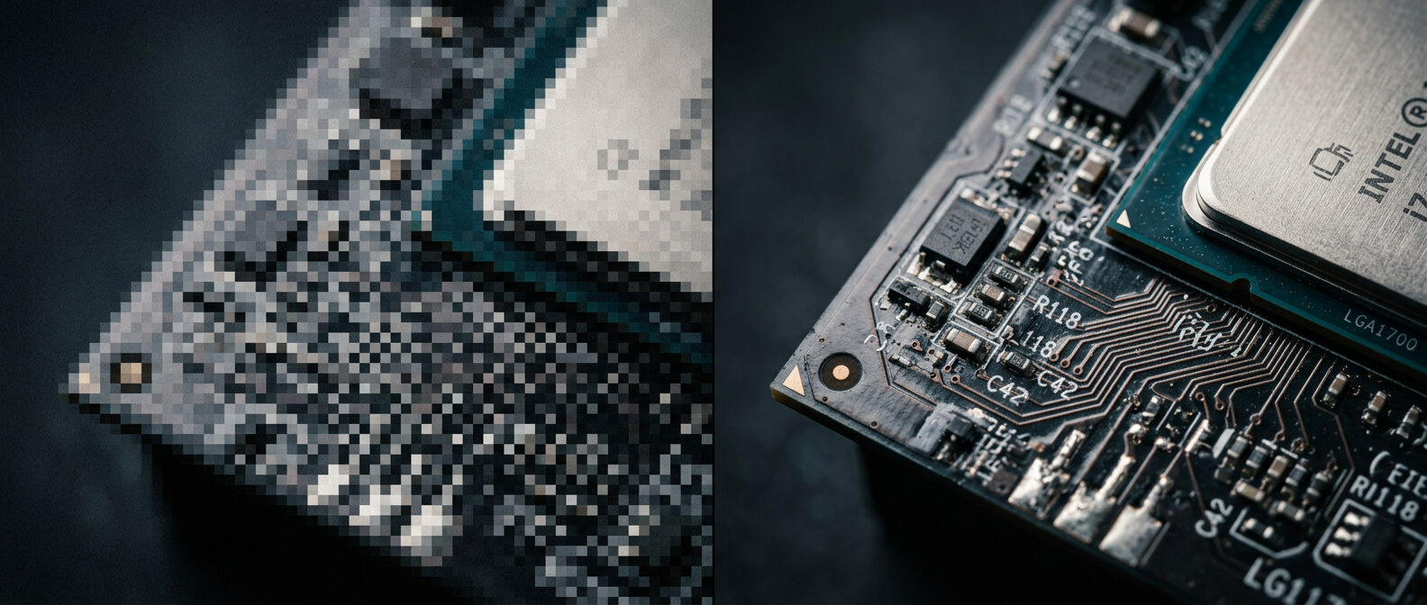 Split image showing blurry pixelated photo detail on the left versus sharp high-resolution output on the right after using the image upscaler