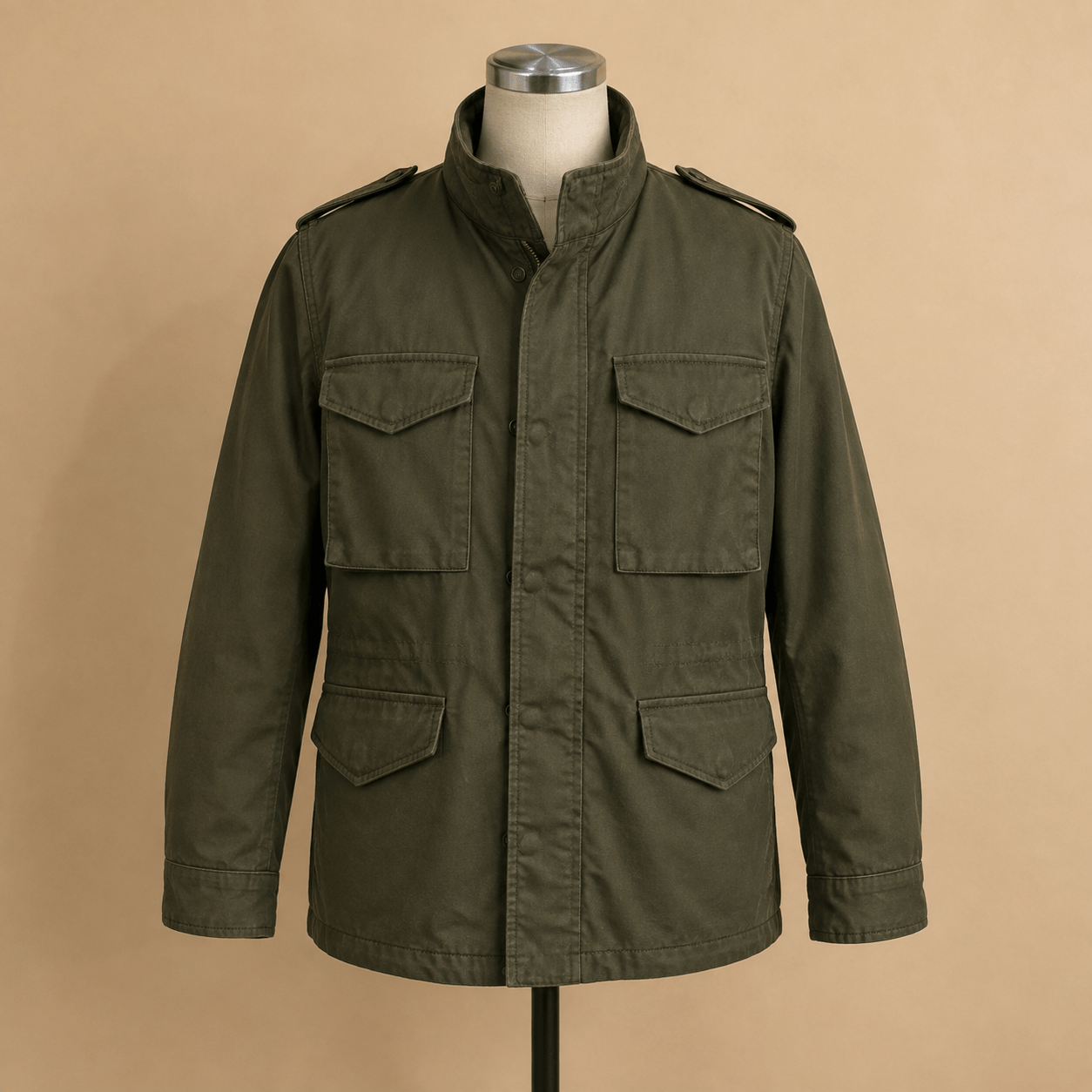 Olive field jacket on a mannequin before ghost mannequin processing