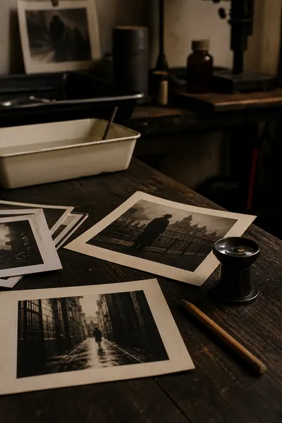 Darkroom workbench with photographs ready for the AI Shadow Remover