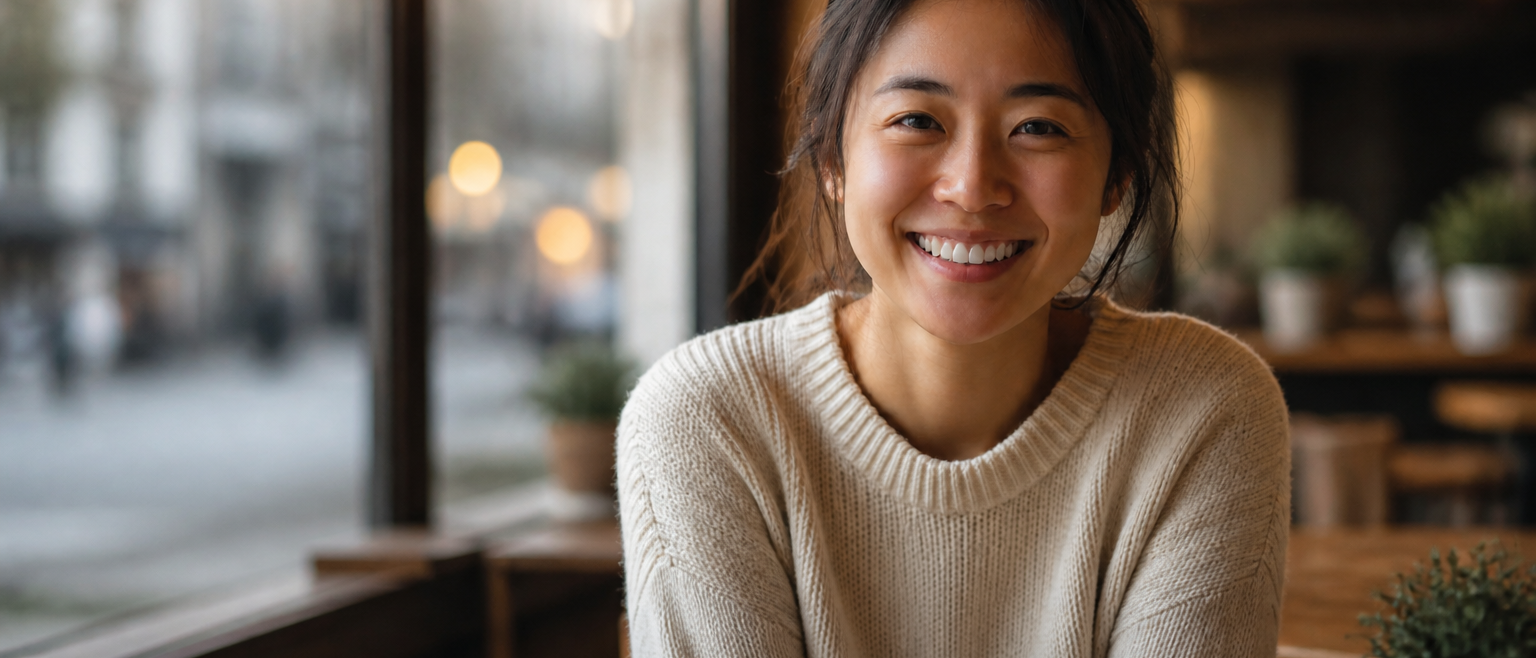 Woman smiling at a cafe window after a natural teeth photo edit