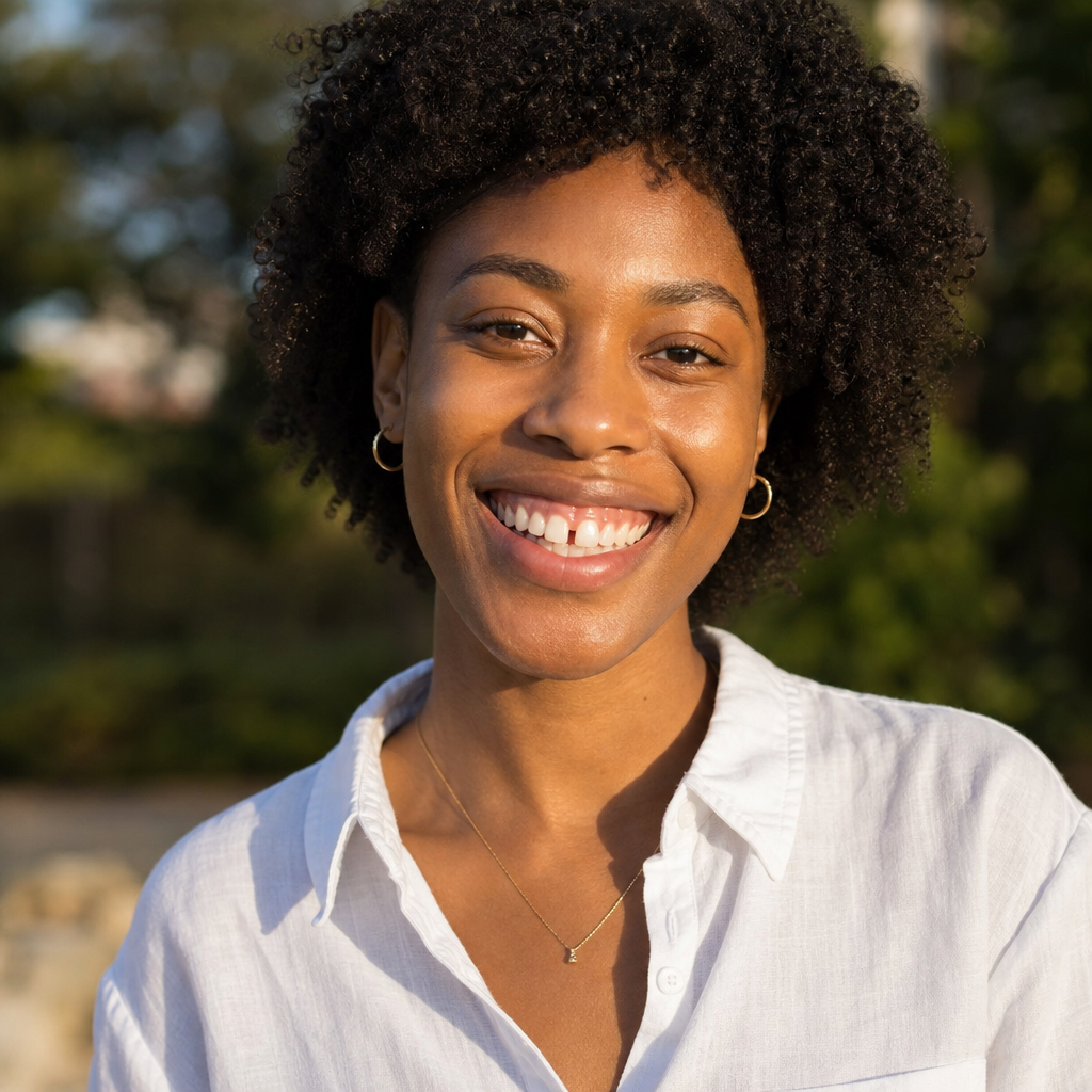 Portrait with a small gap between front teeth before AI editing