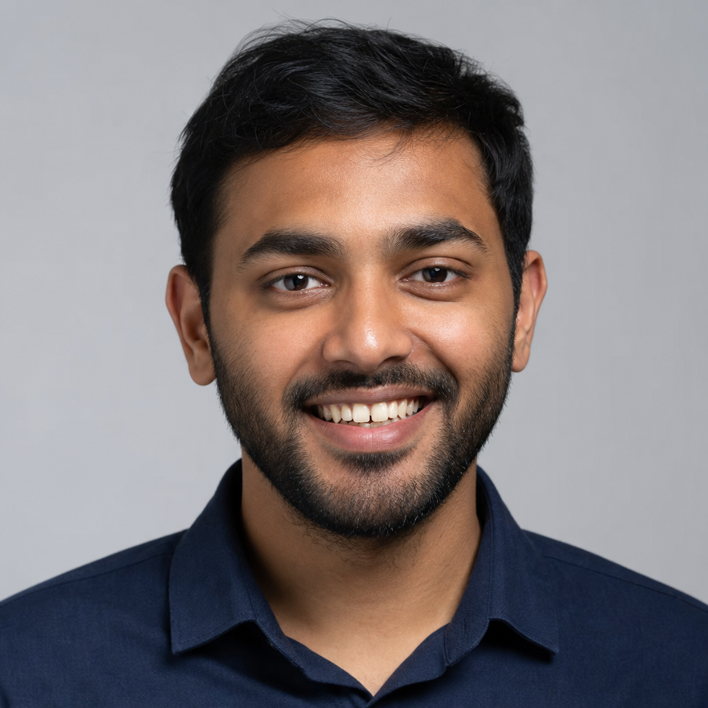 Headshot with slightly crooked teeth before AI editing
