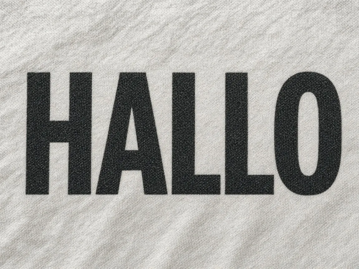 Nahaufnahme von Baumwollstoff: das Wort HALLO sitzt im Siebdruck, Fasern scheinen durch die Farbe, dieselbe Schärfe wie das Shirt