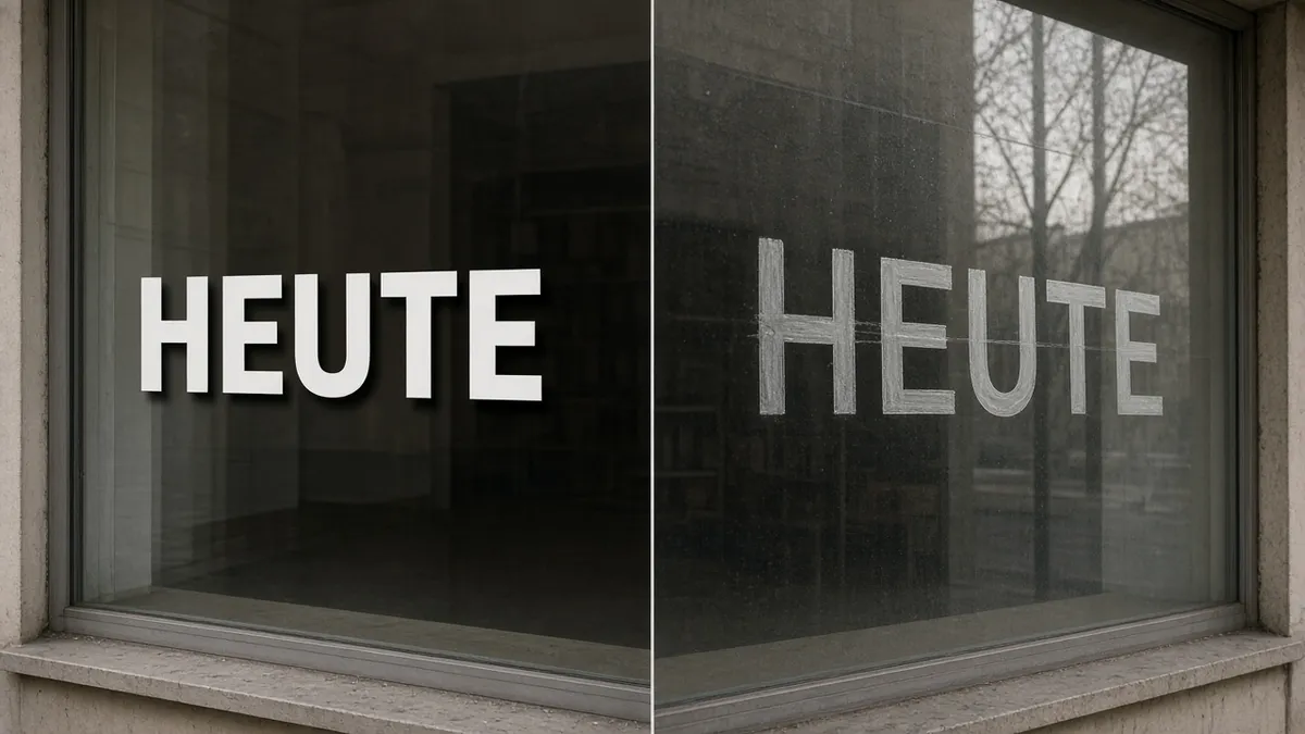 Vergleich am Schaufenster: links HEUTE als waagerechter Aufkleber mit Schlagschatten, rechts dieselbe Zeile im Glas, mit Spiegelung und Schmutz der Scheibe