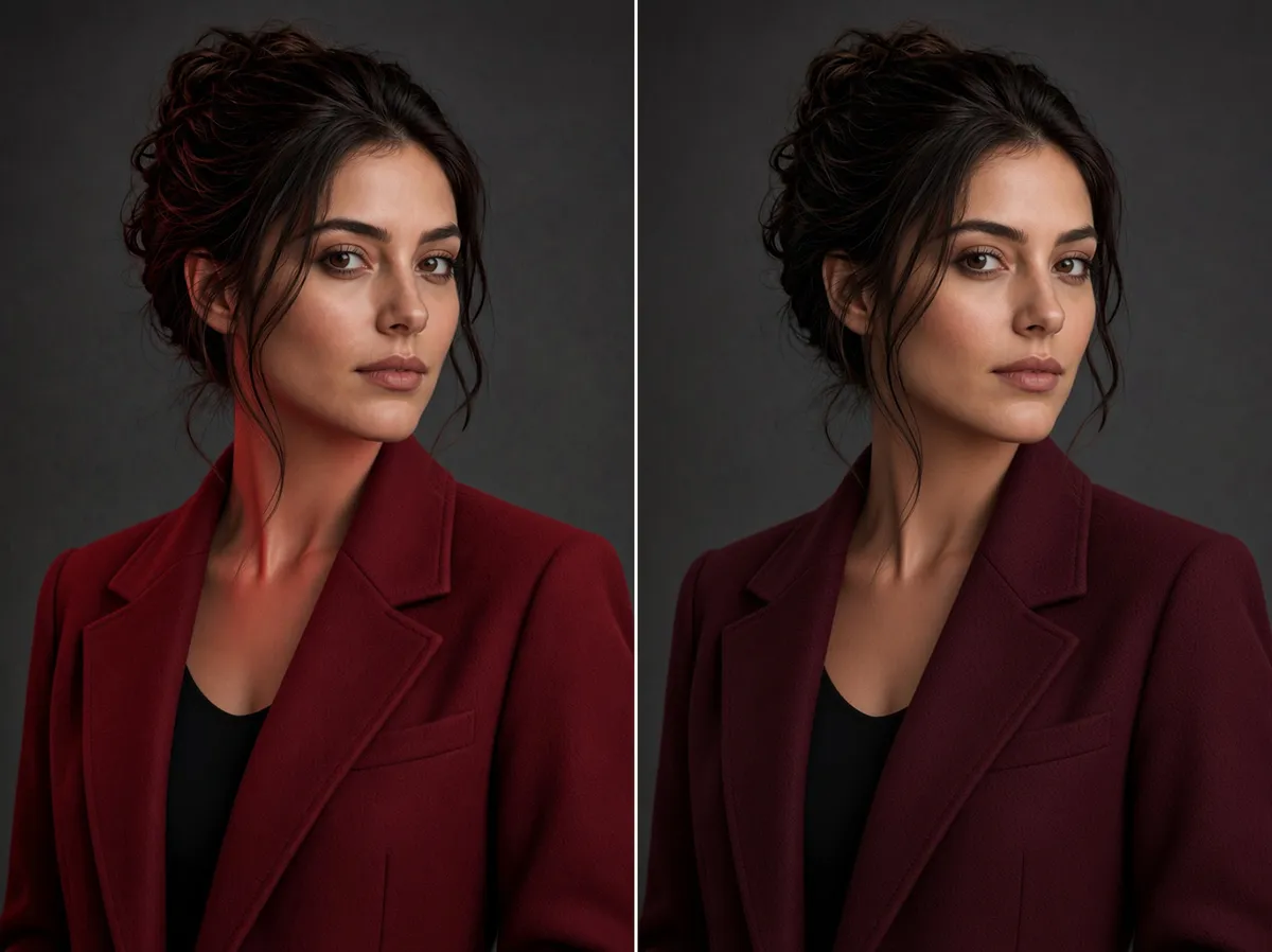 Vergleich einer Kleidungs-Umfärbung: links zu grelles Rot mit Farbstich am Hals, rechts natürliches Bordeaux, gleiche Pose und gleiche Jacke