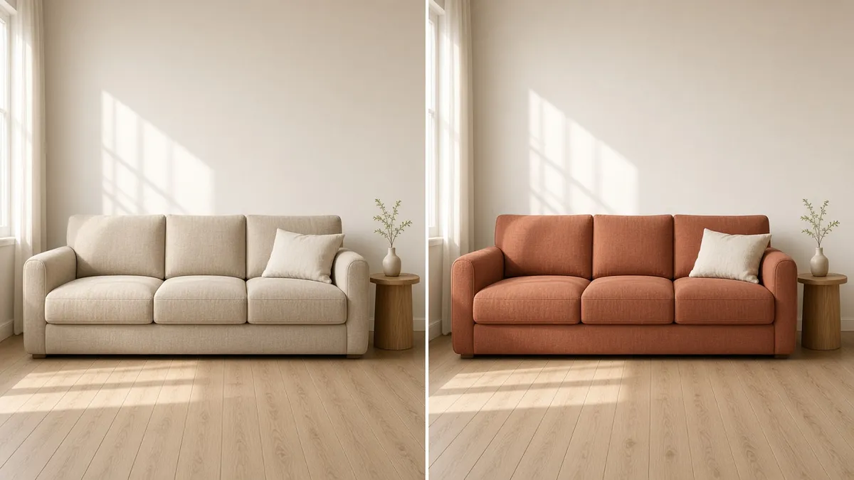 Farbe im Bild ändern im Wohnzimmer: links beiges Leinensofa, rechts warmes Terracotta, Wände, Kissen und Tageslicht unverändert