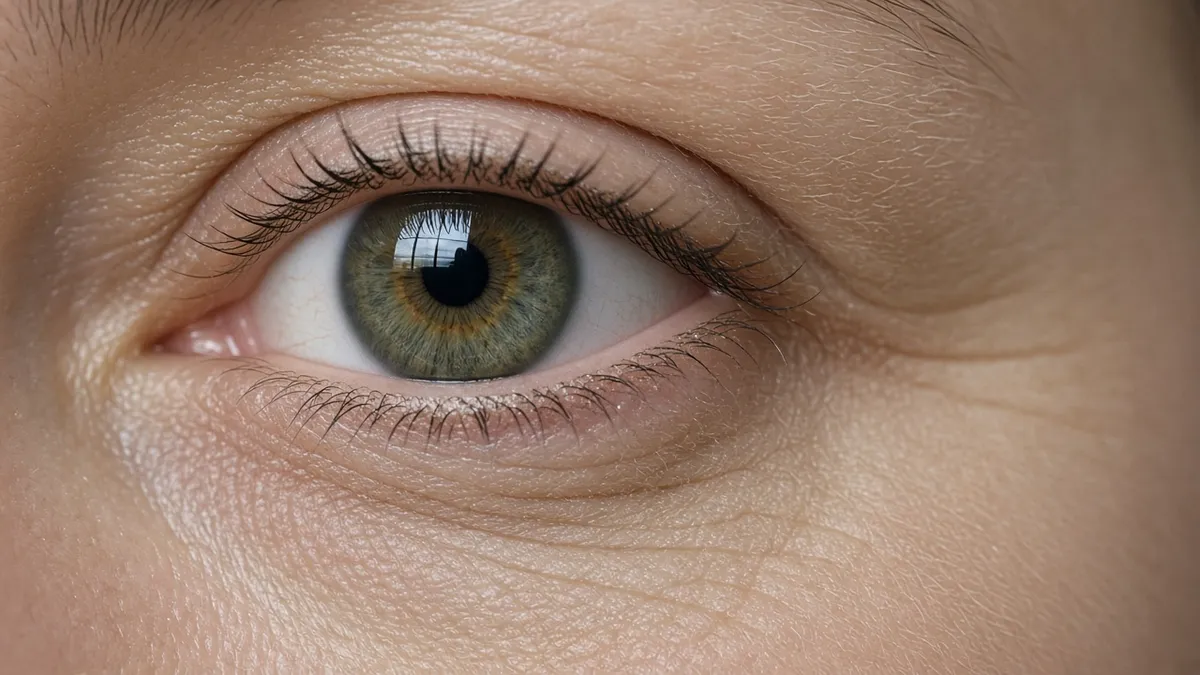 Extreme close-up of an eye with a single window-shaped catchlight in the upper iris, natural lashes, and visible eyelid texture