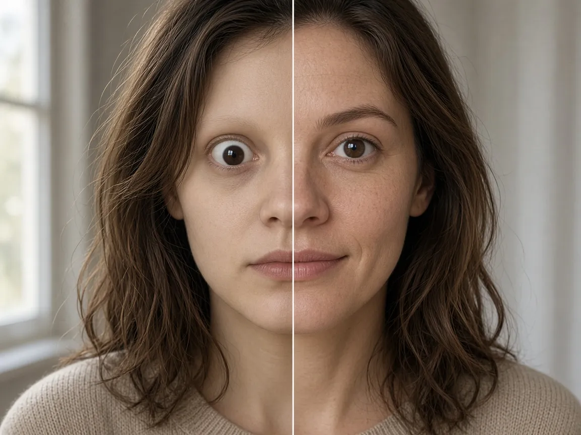 Split portrait of the same woman: the left half has a wide eye with no catchlight looking off-camera and smoothed skin, the right half has a window catchlight, a camera gaze, visible pores, and a smile
