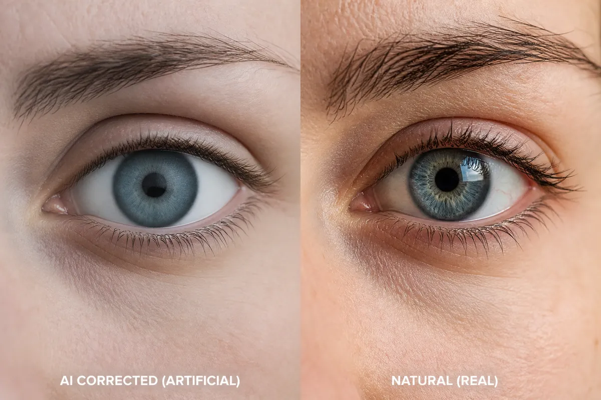 Nahaufnahme Augenreparatur: links unnatürlicher starrer Blick ohne Lichtreflex, rechts natürliches Auge mit authentischen Glanzpunkten und passender Lidfalte