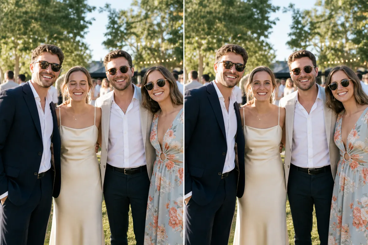 Gruppenfoto auf einer Hochzeit: links ein Gast mit geschlossenen Augen beim Blinzeln, rechts nahtlos korrigiert im einheitlichen Look der Hochzeitsgesellschaft