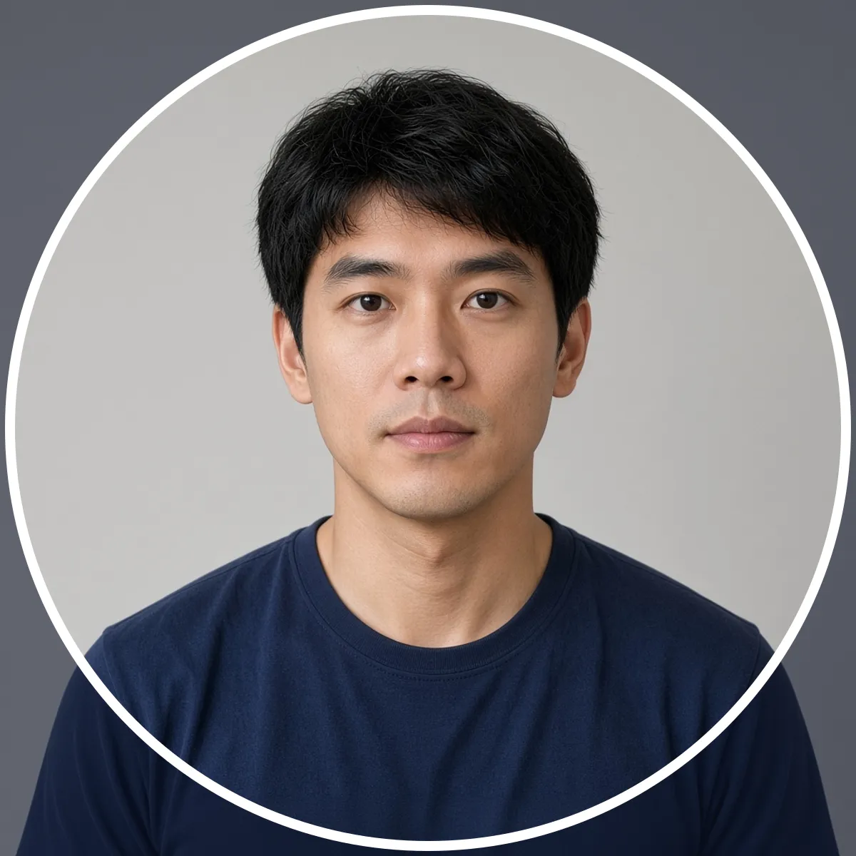 The same man framed looser, with a white circle around his whole head and gray wall visible inside the circle beside his hair.