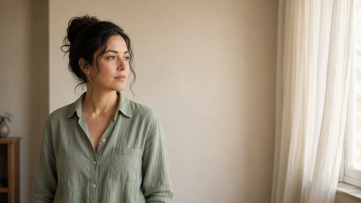 Portrait of a woman on the left of a wide frame with a large empty cream wall and window on the right, leaving space for a headline overlay