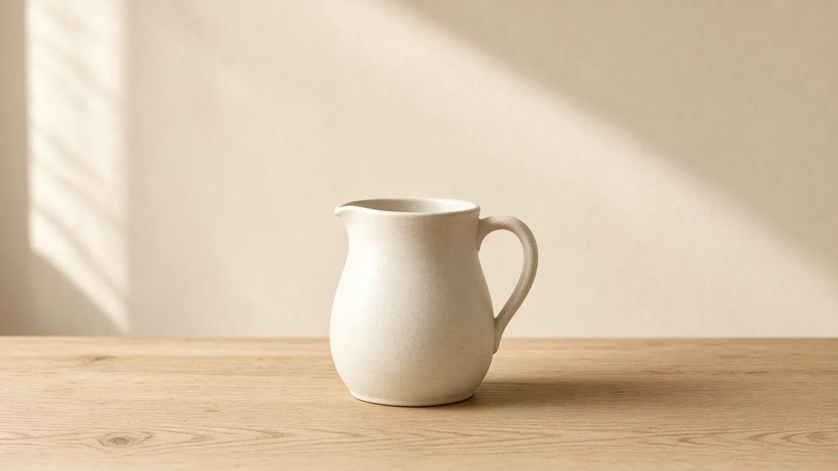 The same ceramic pitcher with the photo background extended to show more oak table and cream wall on both sides