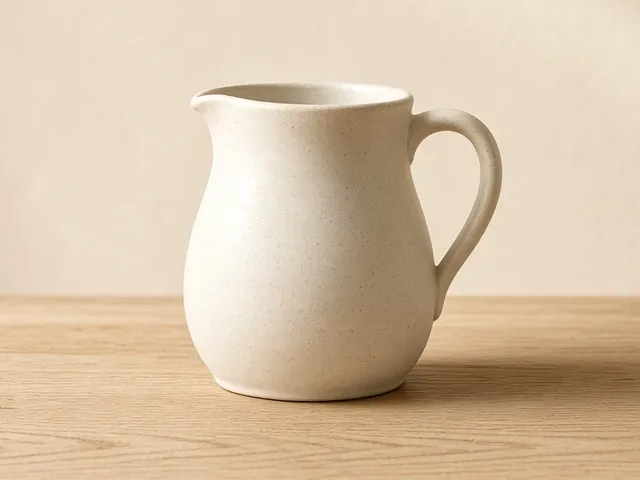 A cream ceramic pitcher photographed tightly, with almost no table or wall visible around it