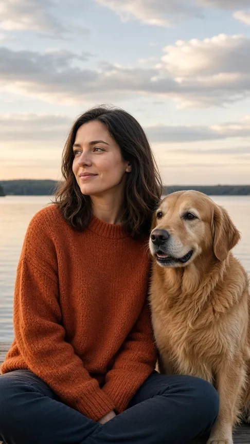 The same dock photo cropped to a tall frame: the woman and dog remain, and the lake on either side is cut off