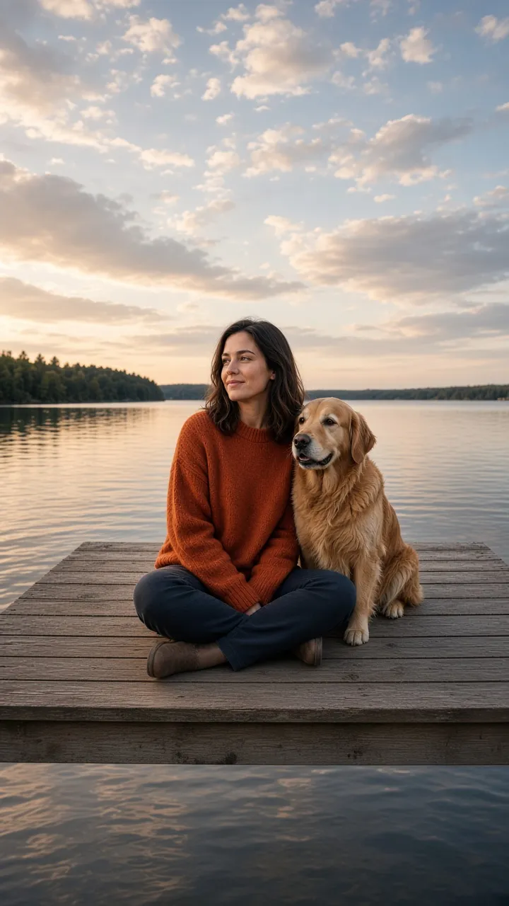 Tall phone wallpaper of a woman in an orange sweater and a golden retriever on a dock, with a large open sky above them