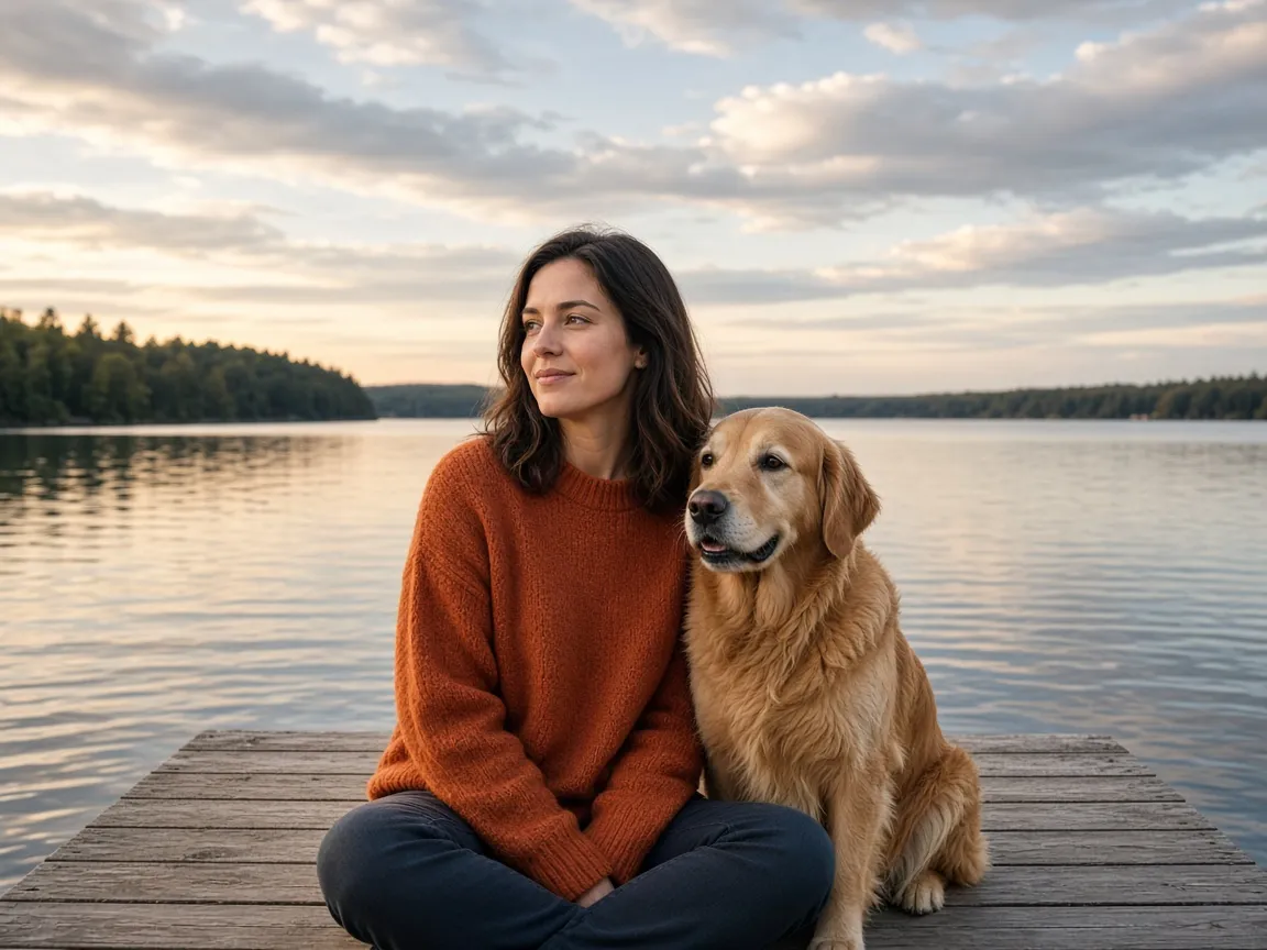 A woman in an orange sweater sits with a golden retriever on a wooden dock, lake and sky stretching out on both sides