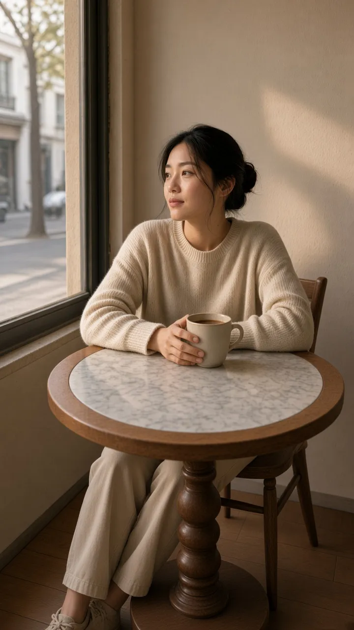 The same cafe portrait extended to 9:16 with more ceiling, window, and floor so the woman sits in the middle of a Story-sized frame