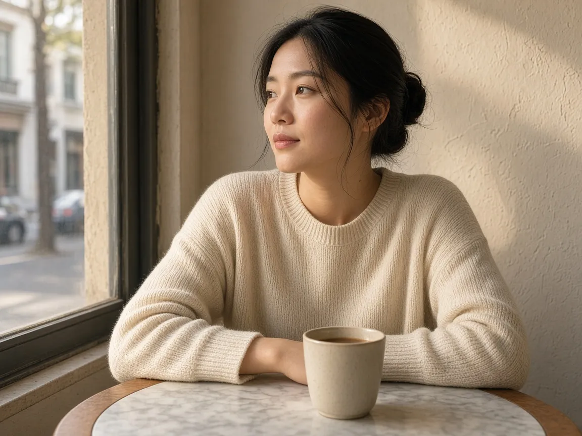Landscape cafe photo of a woman in a cream sweater at a window table, with the street visible on the left