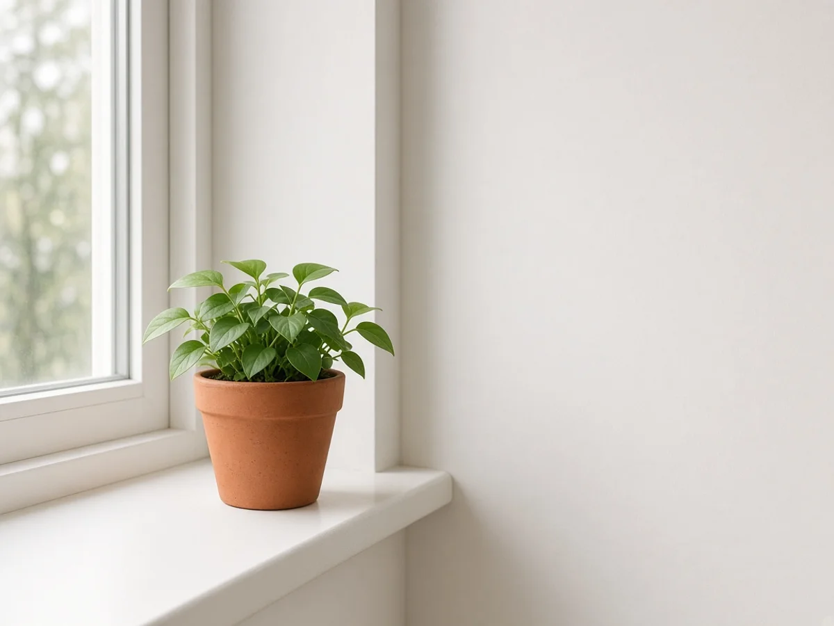 The same windowsill plant photo uncropped with AI to show much more wall space to the right