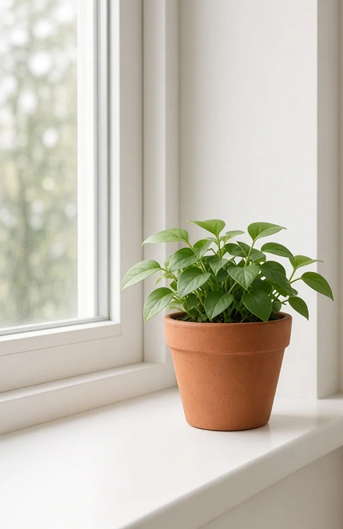 A windowsill plant photo cropped too tight, with little wall space around the pot