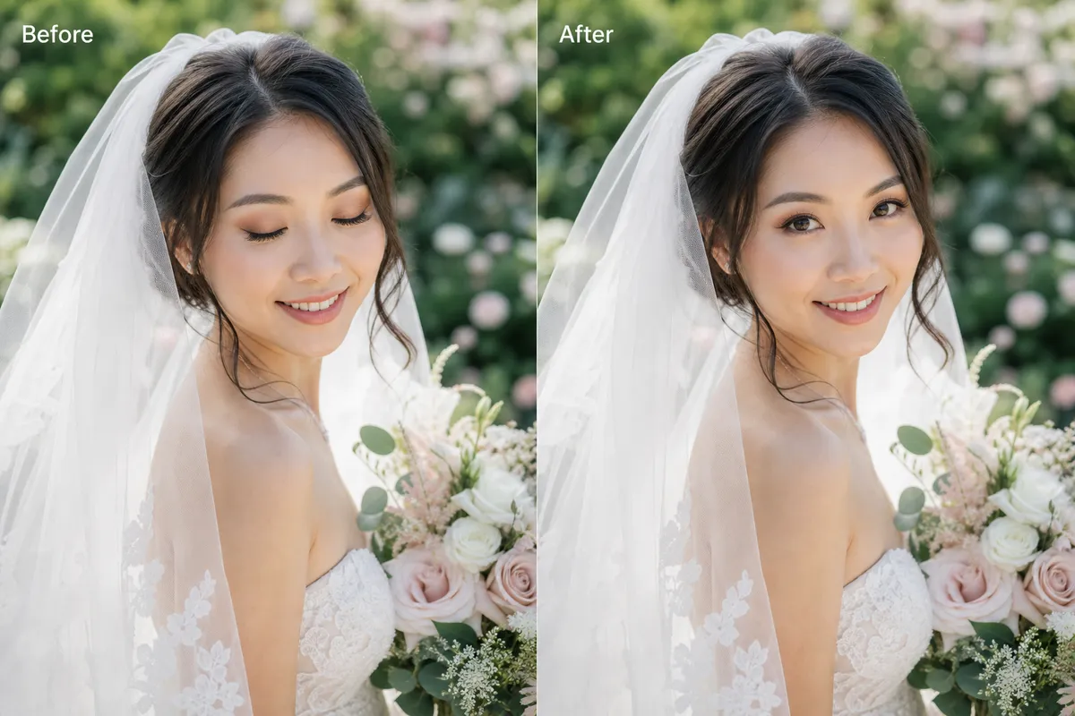 Bride solo portrait with closed eyes fixed by AI, before and after comparison in a garden wedding setting