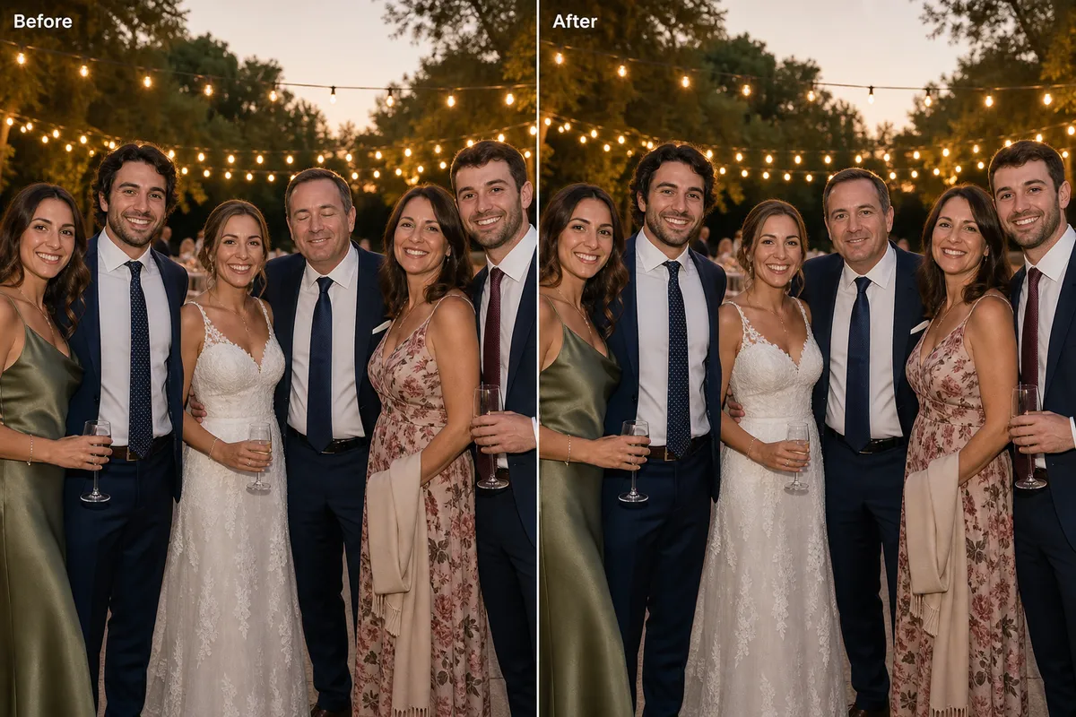 Wedding reception group photo with one guest's closed eyes fixed by AI, before and after comparison
