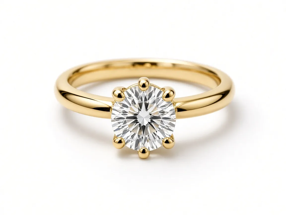 Macro photograph of a six-prong solitaire diamond engagement ring with flawless metal polish and crisp facet brilliance