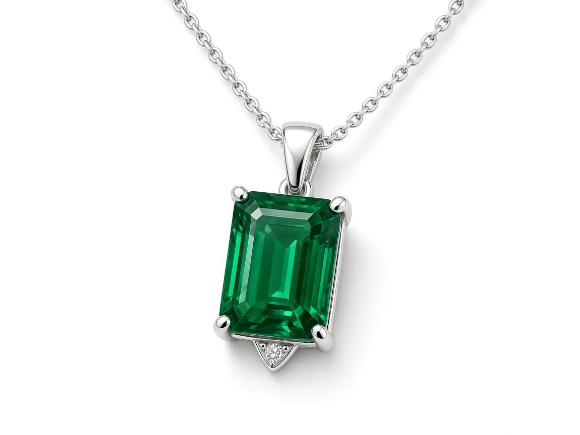 Emerald-cut green gemstone pendant with white gold chain on seamless white background with natural contact shadow
