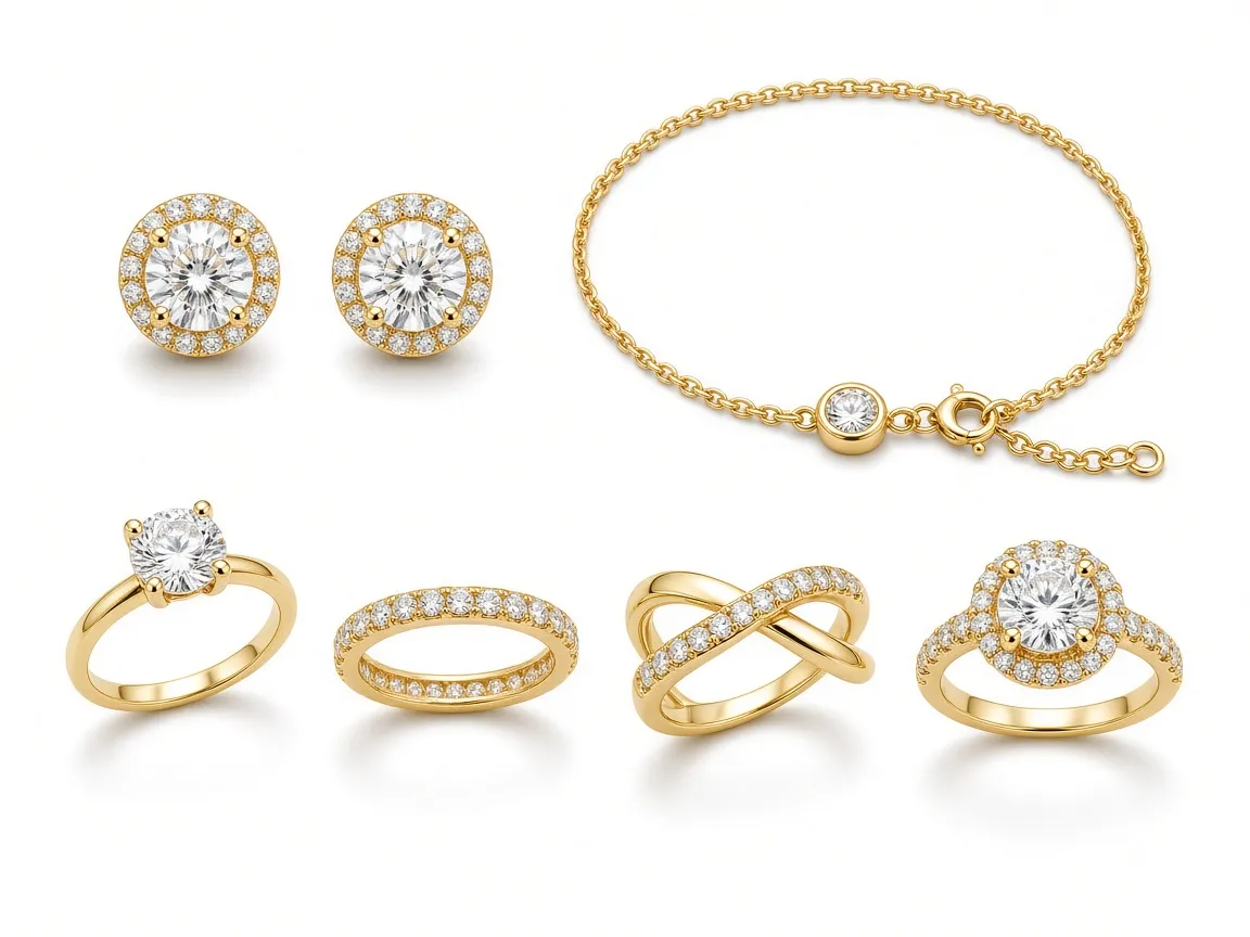 E-commerce jewelry collection display including diamond stud earrings, eternity bands, and gold bracelet with uniform white background consistency