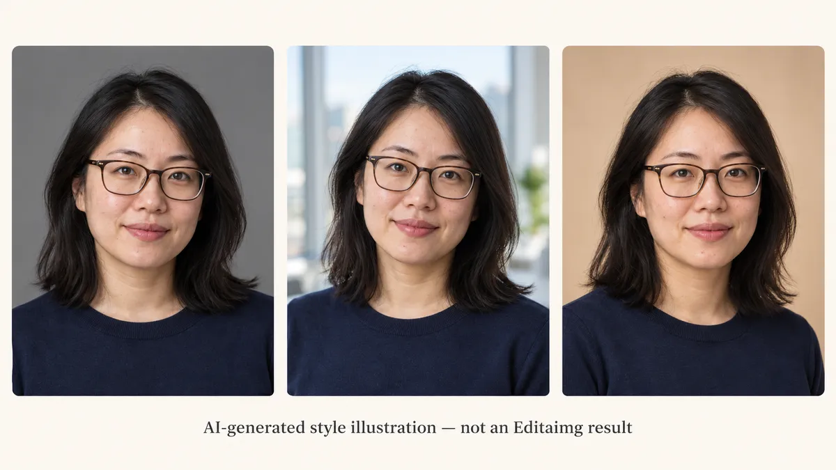 AI-generated fictional woman shown with gray studio, bright office and warm beige backdrops