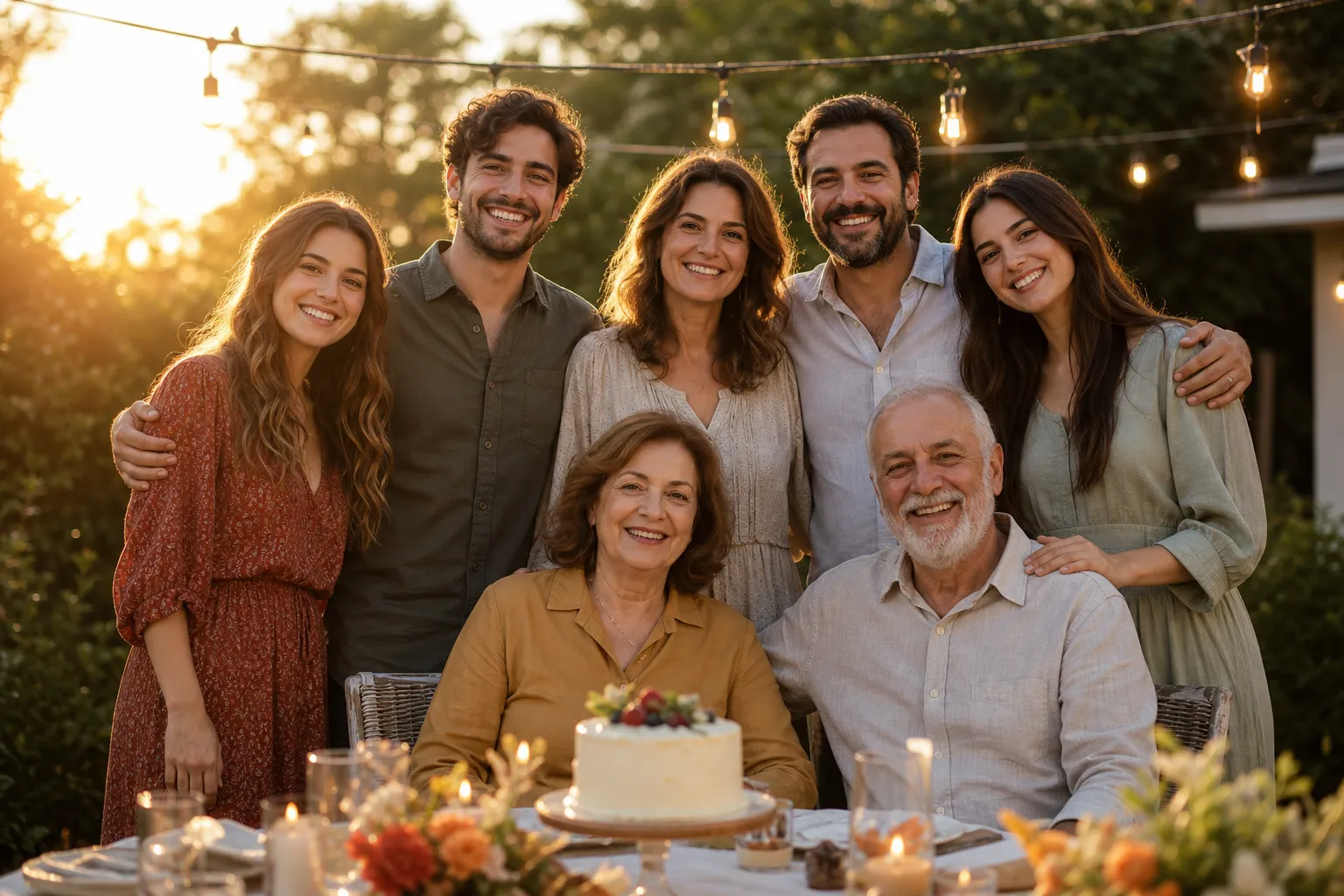 Vollständiges Familienfoto bei einer Feier, bei dem eine zuvor fehlende Person natürlich mit passendem Licht und Schatten eingefügt wurde