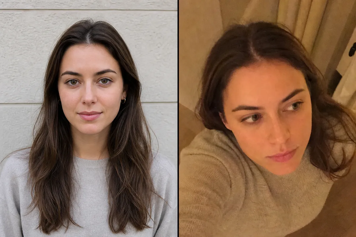 Vergleich zweier Ausgangsfotos einer Person: links gut geeignet mit Tageslicht und Augenhöhe, rechts ungeeignet mit dunklem Kunstlicht und Aufnahmewinkel von oben