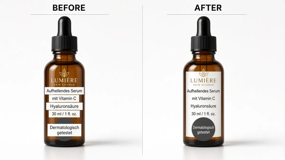 Before and after of a serum infographic: left shows overflowing German overlay boxes covering the bottle, right shows Dermatologisch getestet rebuilt inside a fitted badge