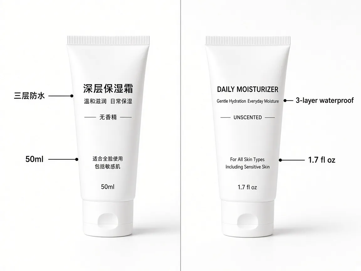 Split product photo of a white moisturizer tube: left Chinese factory callouts 三层防水 and 50ml, right English 3-layer waterproof and 1.7 fl oz on the same tube