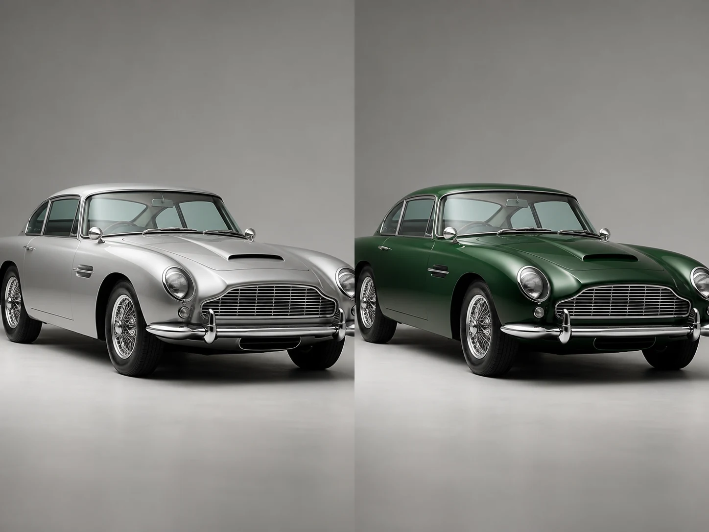 Before-and-after classic coupe body paint recolored from silver to British racing green