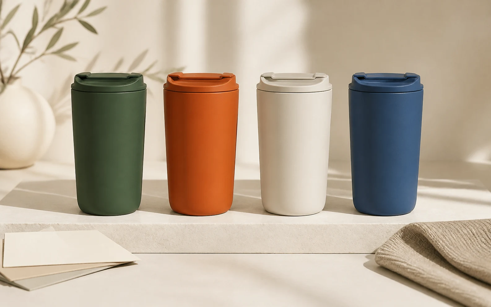 Four identical product tumblers in curated green, orange, ivory and blue colorways