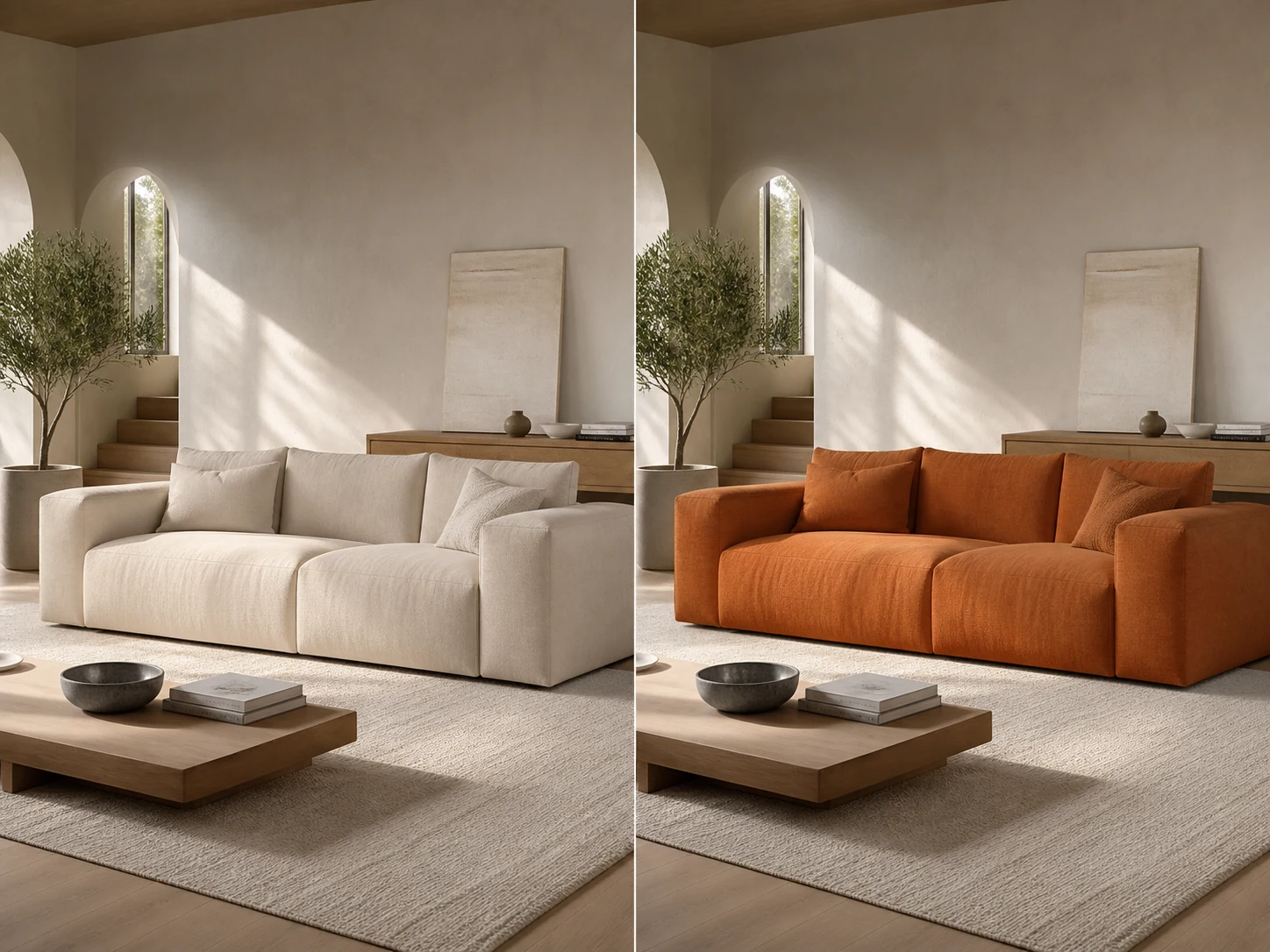Before-and-after living room with a beige linen sofa recolored burnt orange while the room stays unchanged