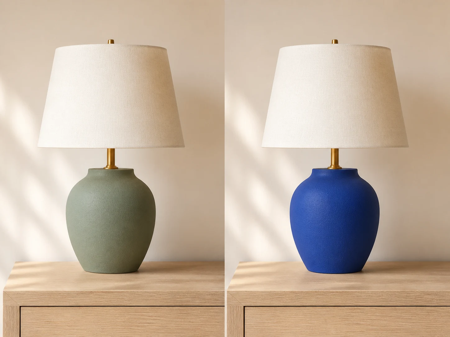 Before-and-after ceramic table lamp recolored from sage green to cobalt blue with brass details unchanged
