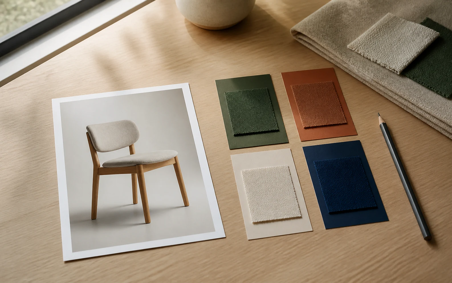 Chair product photograph arranged with material swatches for planning a color change